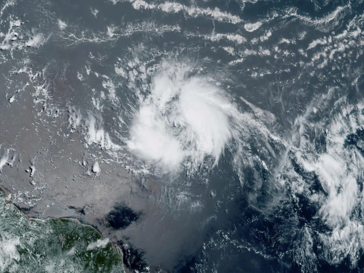 A satellite image shows Tropical Storm Bret as it chugged toward the eastern Caribbean on June 20, 2023. (NOAA via AP)