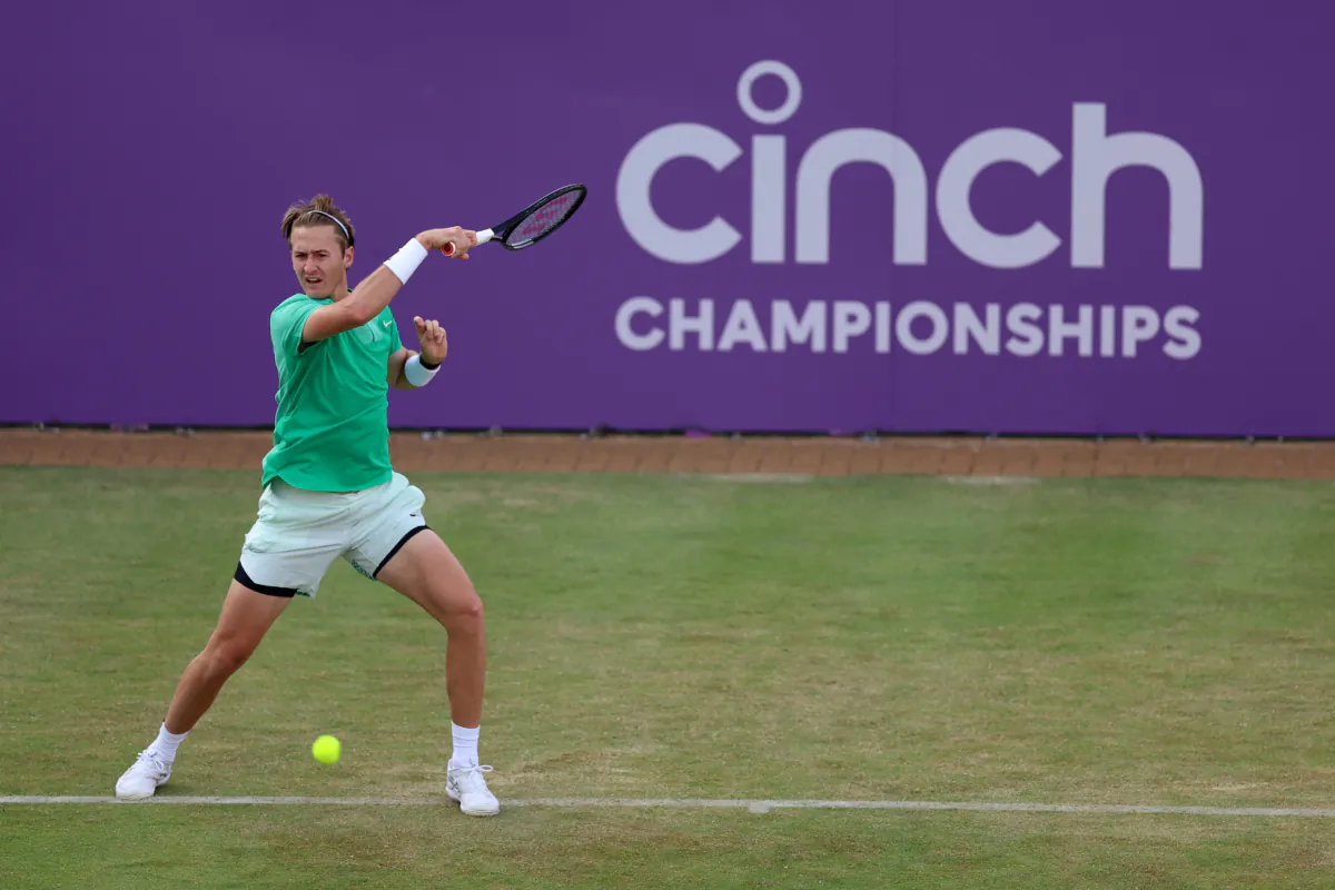 Sebastian Korda of United States plays a forehand against Frances Tiafoe of United States during the Men's Singles Second Round match on Day Three of the cinch Championships at The Queen's Club in London on June 21, 2023. (Clive Brunskill/Getty Images)