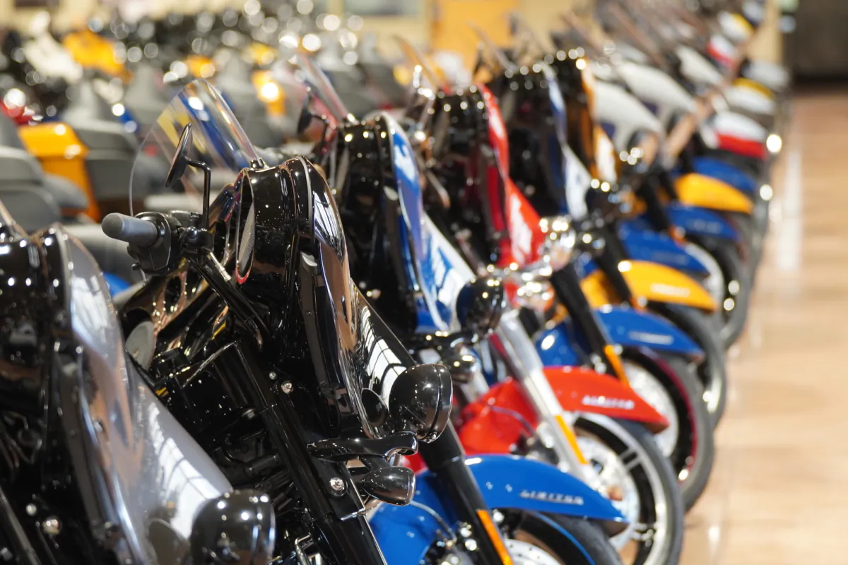 Motorcycle models from a line at Black Hills Harley-Davidson in Rapid City, South Dakota, on June 17, 2023. (Allan Stein/The Epoch Times)