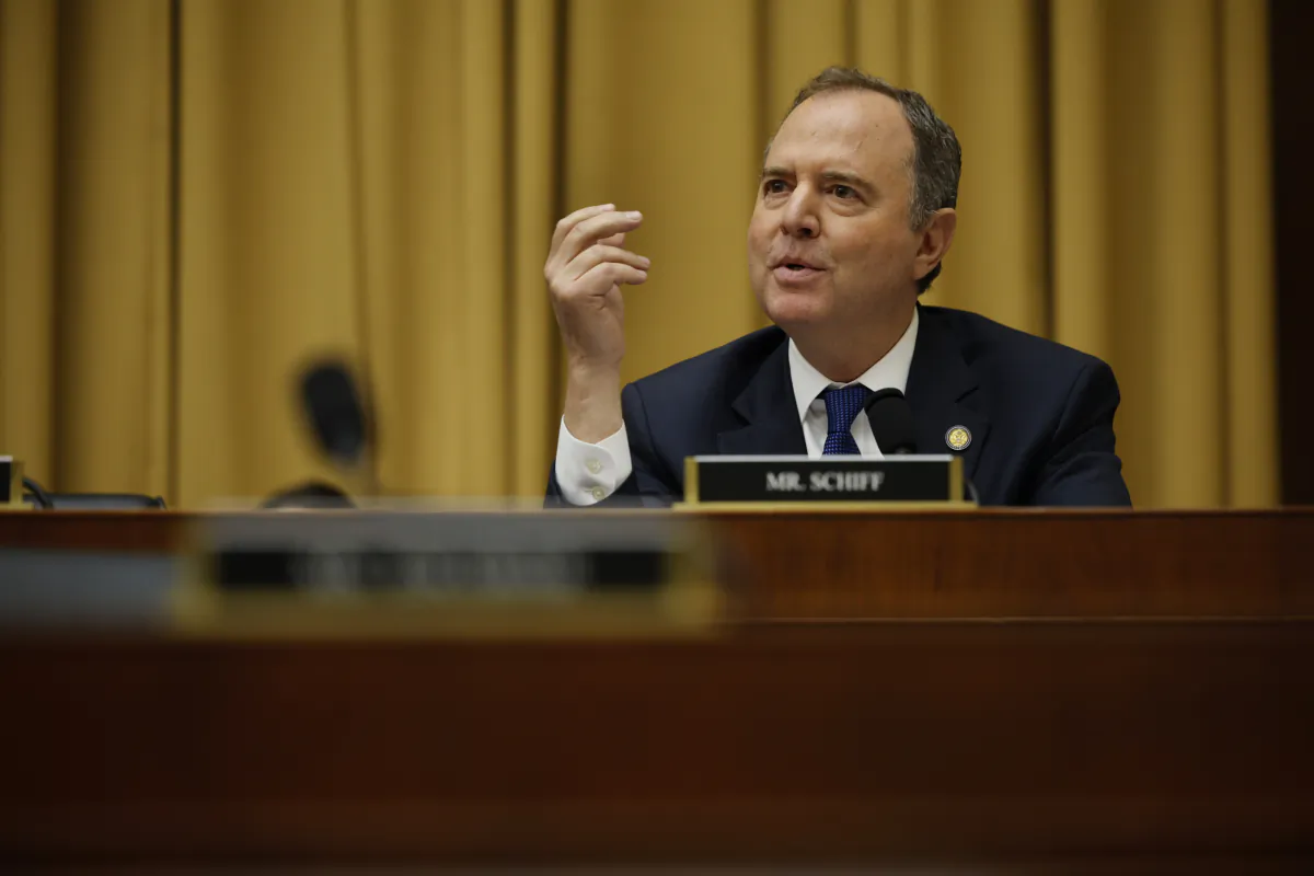 House Judiciary Committee member Rep. Adam Schiff (D-Calif.) questions Special Counsel John Durham during a break in a hearing in the Rayburn House Office Building on Capitol Hill in Washington on June 21, 2023. (Chip Somodevilla/Getty Images)