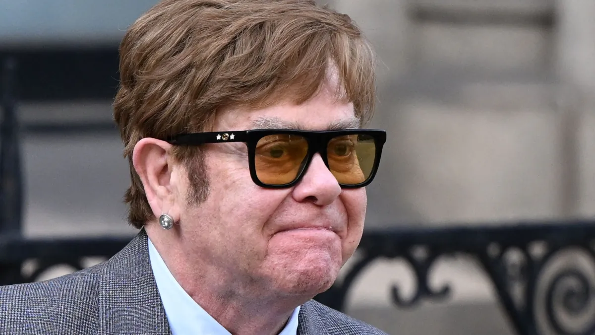 English singer Elton John leaves from the Royal Courts of Justice, Britain's High Court, in central London on March 27, 2023. (Justin Tallis/AFP via Getty Images)