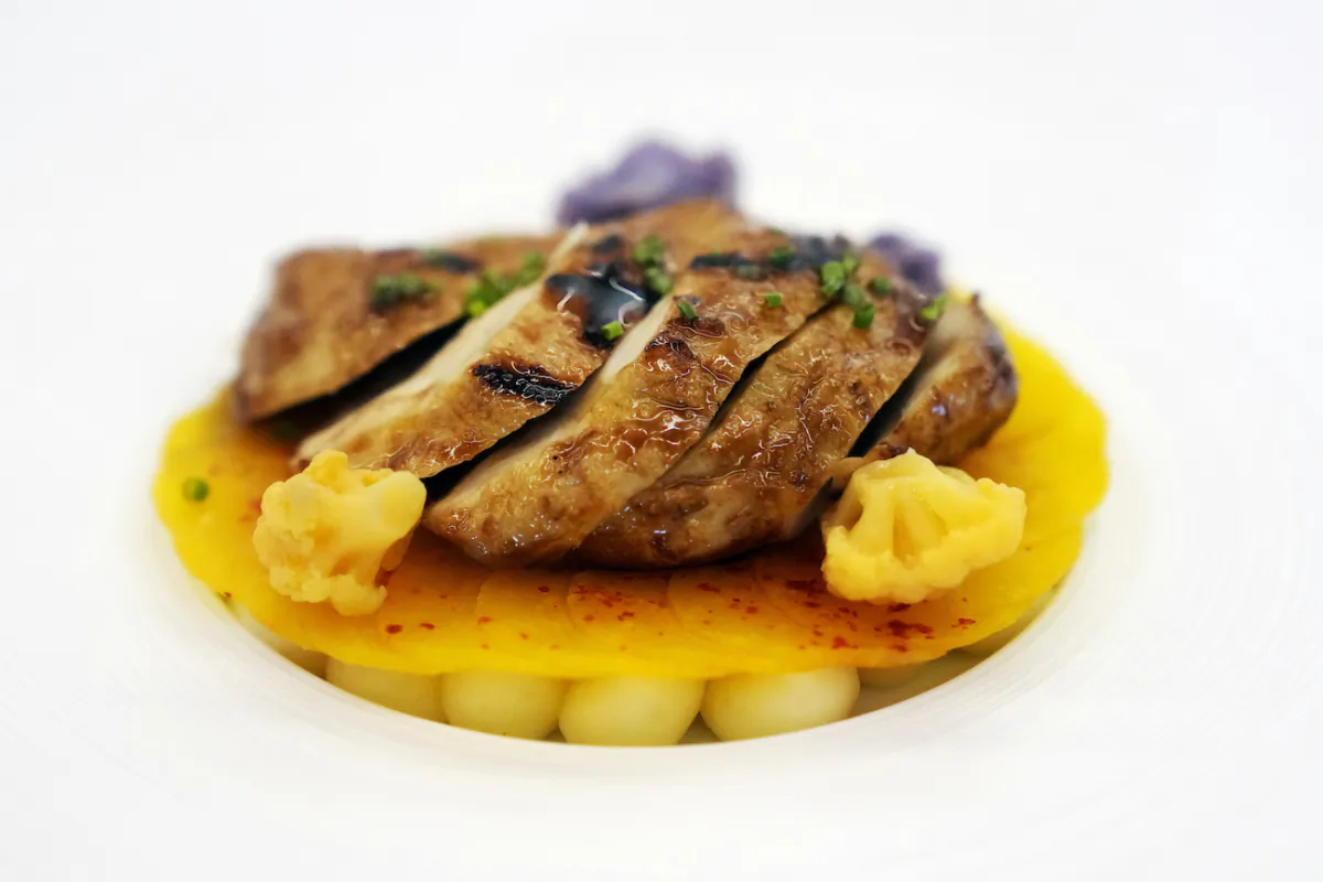 A prepared dish of Good Meat's cultivated chicken is shown at the Eat Just office in Alameda, Calif., on June 14, 2023. (AP Photo/Jeff Chiu)