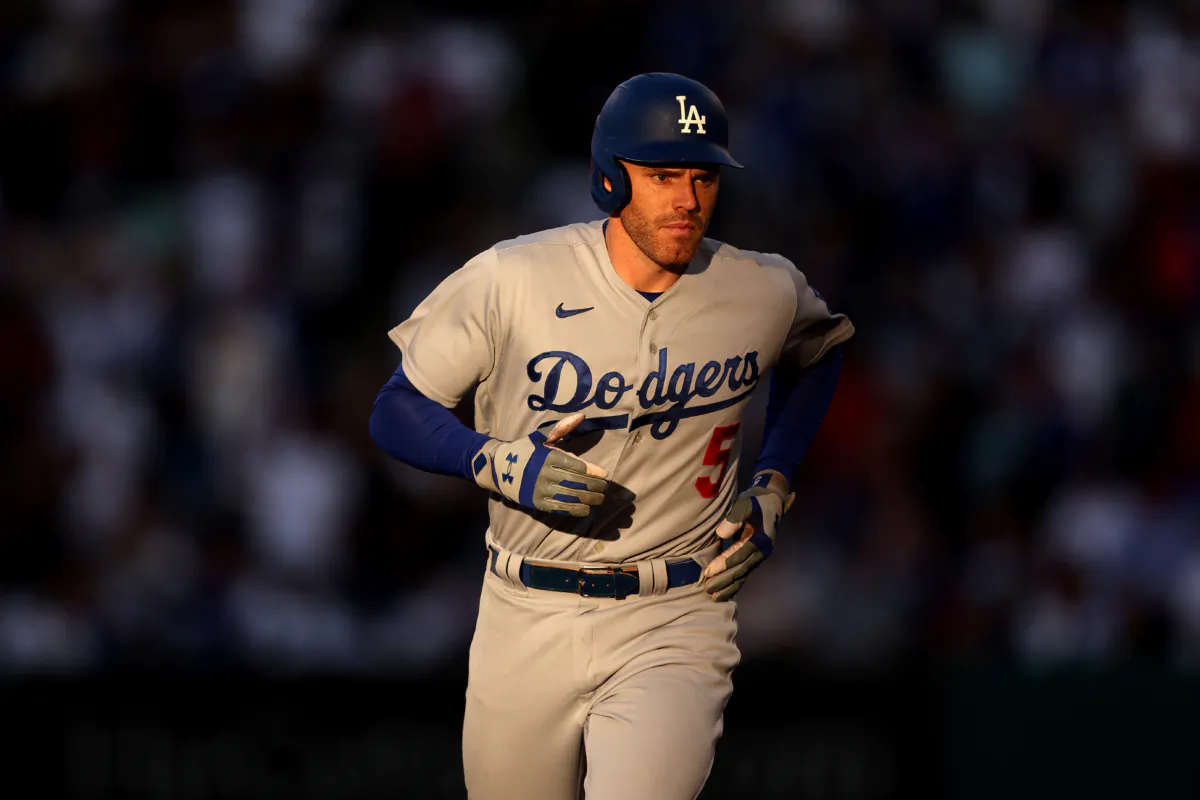 Freddie Freeman (5) of the Los Angeles Dodgers rounds second base after connecting for a solo home-run during the fourth inning of a game against the Los Angeles Angels at Angel Stadium of Anaheim in Anaheim, Calif., on June 21, 2023 (Sean M. Haffey/Getty Images)