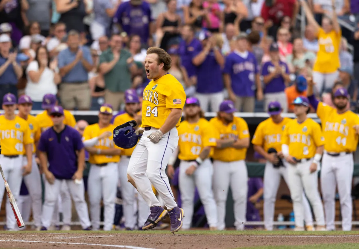 LSU's Cade Beloso celebrates as he approaches home plate after hitting a three-run home run against Wake Forest during the third inning of a baseball game at the NCAA College World Series in Omaha, Neb., on June 21, 2023. (Rebecca S. Gratz/AP Photo)