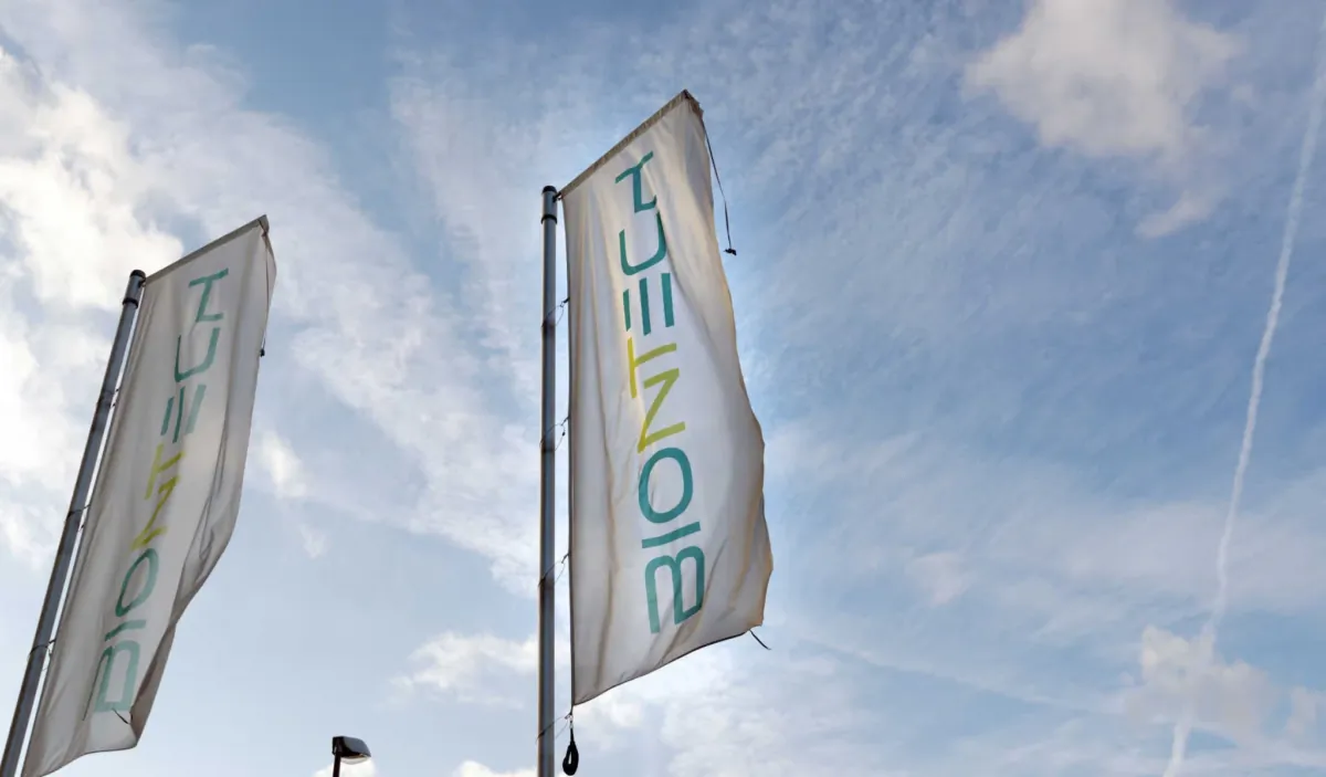 Flags with the logo of the German biotechnology company BioNTech are seen in Mainz, Germany, on Nov. 12, 2020. (Marcus Krauss/Shutterstock)
