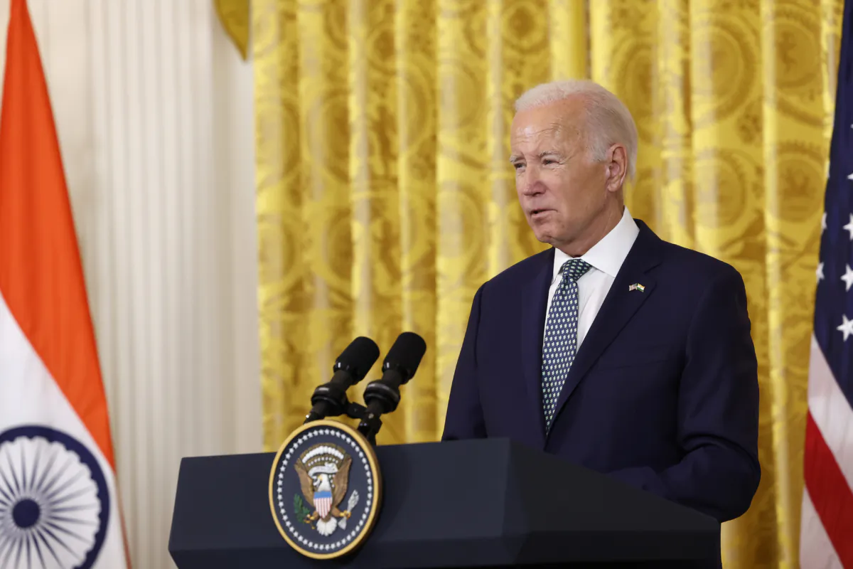 President Joe Biden delivers remarks during a joint press conference with Indian Prime Minister Narendra Modi at the White House in Washington on June 22, 2023. (Anna Moneymaker/Getty Images)