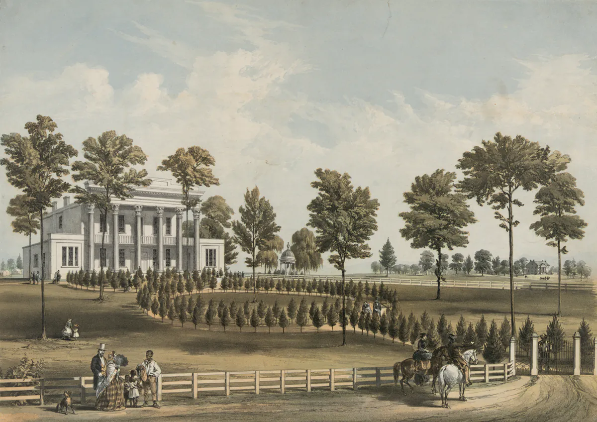 A lithograph of Andrew Jackson's Hermitage and Jackson's tomb, 1856, by Endicott & Co. Library of Congress. (Public Domain)