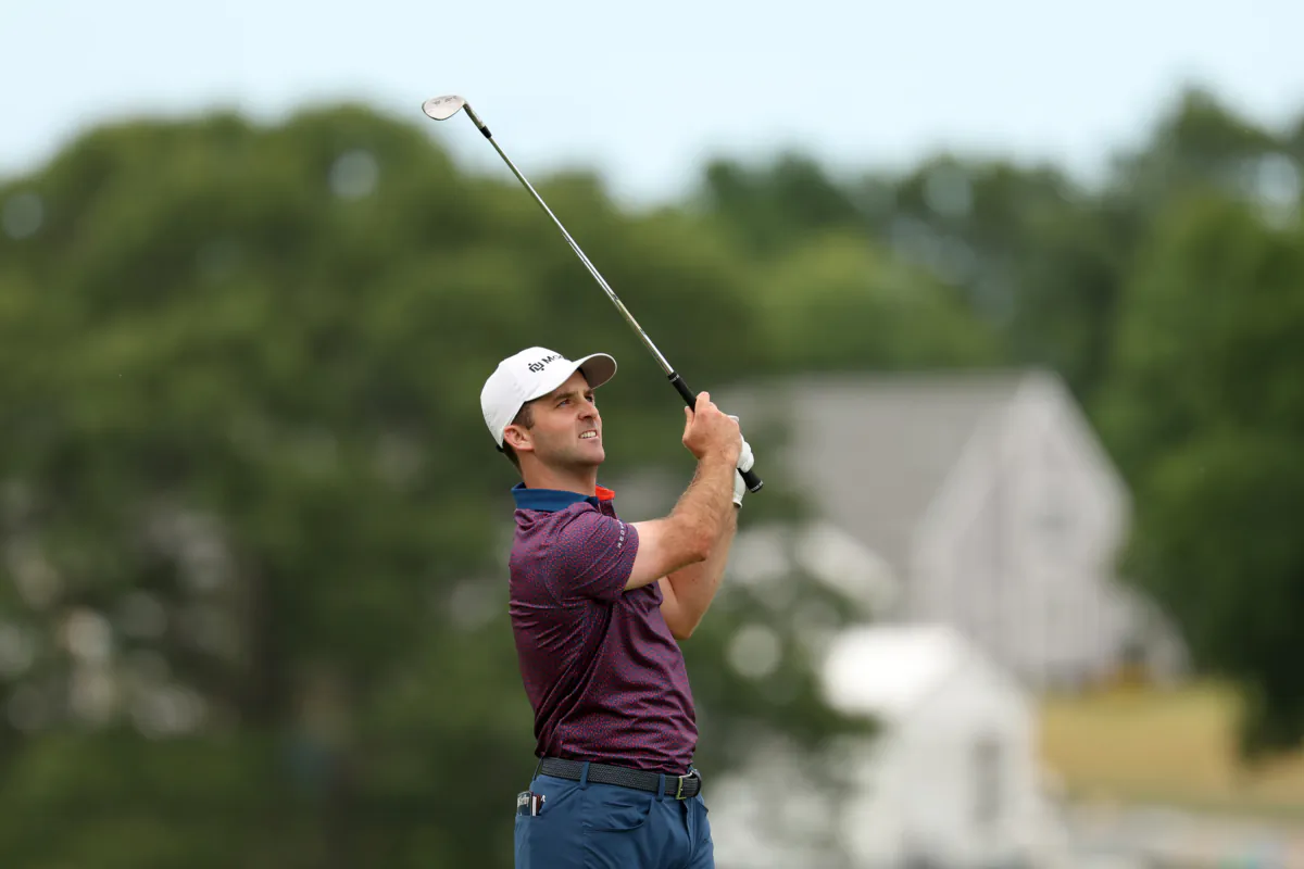 Denny McCarthy of the United States plays a second shot on the second hole during the first round of the Travelers Championship at TPC River Highlands in Cromwell, Conn., on June 22, 2023. (Patrick Smith/Getty Images)