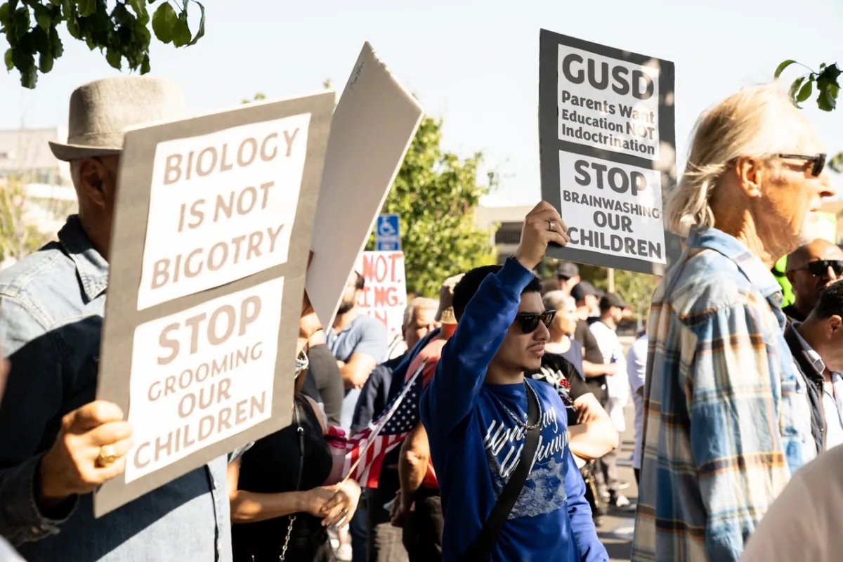The Glendale Unified School Board’s final meeting of the school year draws dozens of parents, community members, and activists protesting over the district’s policies on LGBT content in schools in Glendale, Calif., on June 20, 2023. (Courtesy of Hasmik Bezirdzhyan)