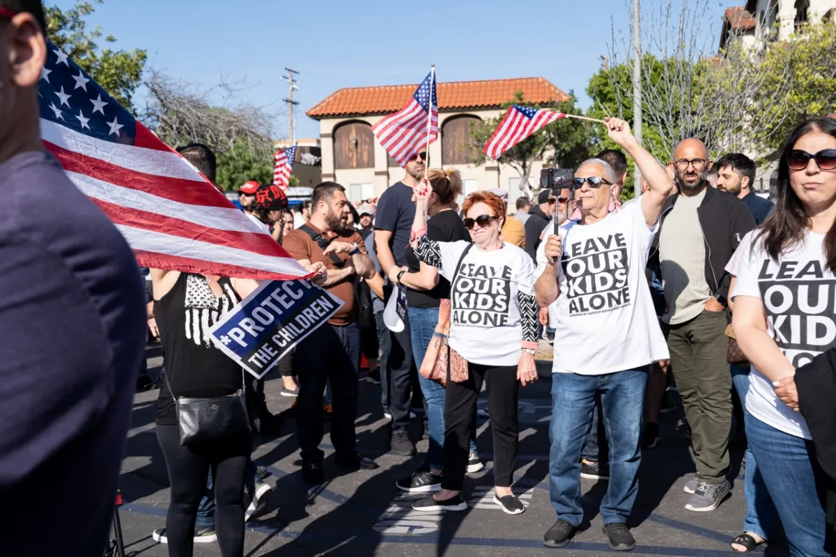 The Glendale Unified School Board’s final meeting of the school year draws dozens of parents, community members, and activists protesting over the district’s policies on LGBT content in schools in Glendale, Calif., on June 20, 2023. (Courtesy of Hasmik Bezirdzhyan)