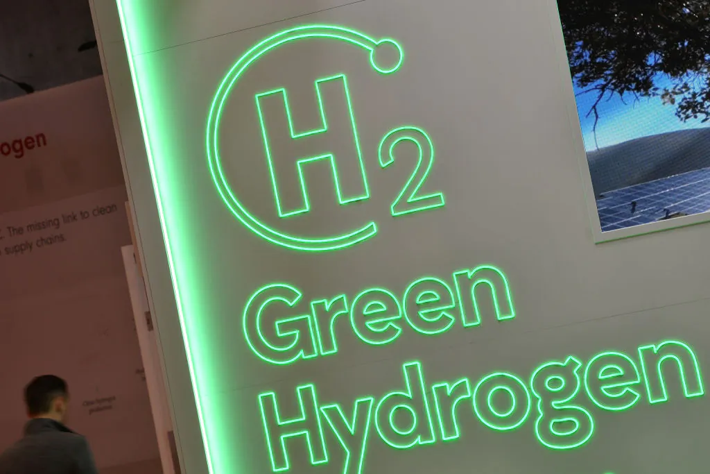 The logo of green hydrogen is seen at the 2023 Hannover Messe industrial trade fair in Hanover, Germany on April 17, 2023. (Alexander Koerner/Getty Images)