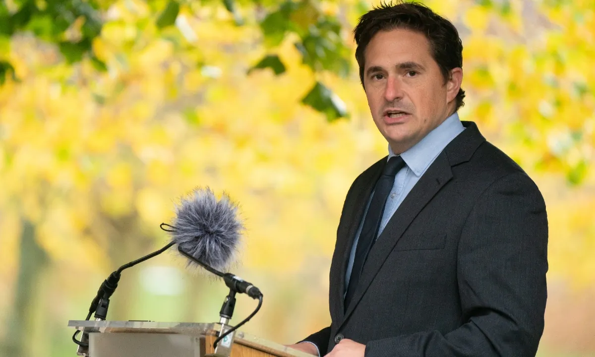 Minister for Veterans' Affairs Johnny Mercer speaks at commemoration event for nuclear test veterans at the National Memorial Arboretum in Alrewas, Staffordshire, on Nov. 21, 2022. (PA)