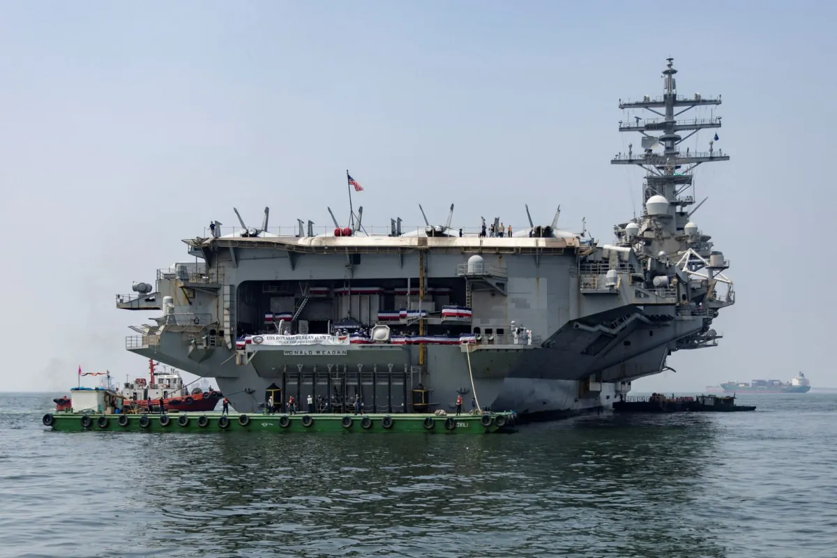 The USS Ronald Reagan (CVN 76), an aircraft carrier, during a goodwill visit in Manila, Philippines, on Oct. 14, 2022. (Eloisa Lopez/Reuters)