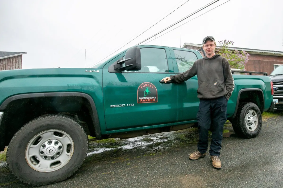Hunter Sousa, 18, from Maine, poses for a photo after arriving in Shubenacadie, N.S., on June 3, 2023, to assist with fighting wildfires in Nova Scotia. (The Canadian Press/Kelly Clark)
