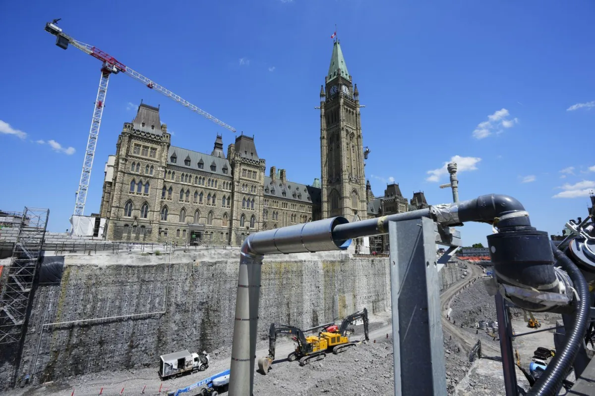 The Centre Block restoration project is viewed during a media tour on Parliament Hill in Ottawa on June 22, 2023. (The Canadian Press/Sean Kilpatrick)
