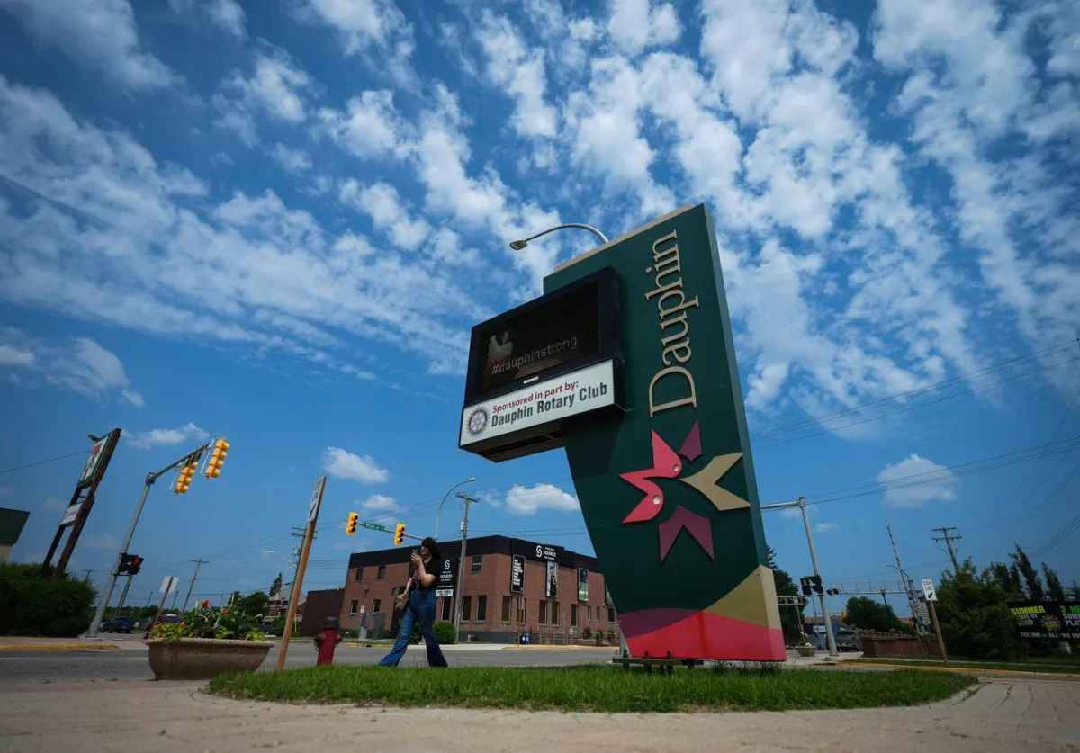 Digital signage with the message "Dauphin Strong" is seen outside city hall in Dauphin, Man., on June 17, 2023. (The Canadian Press/Darryl Dyck)
