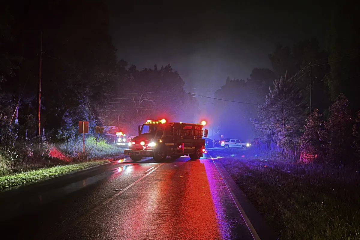 Emergency personal respond outside Darling Ingredients rendering plant in Anson County, N.C., on June 22, 2023. (WSOC-TV via AP)