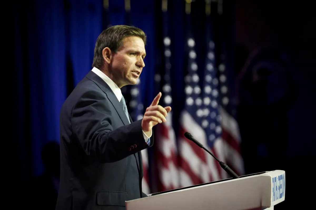Republican presidential candidate and Gov. Ron DeSantis (R-Fla.) speaks at the Faith and Freedom Road to Majority conference at Hilton in Washington on June 23, 2023. (Madalina Vasiliu/The Epoch Times)