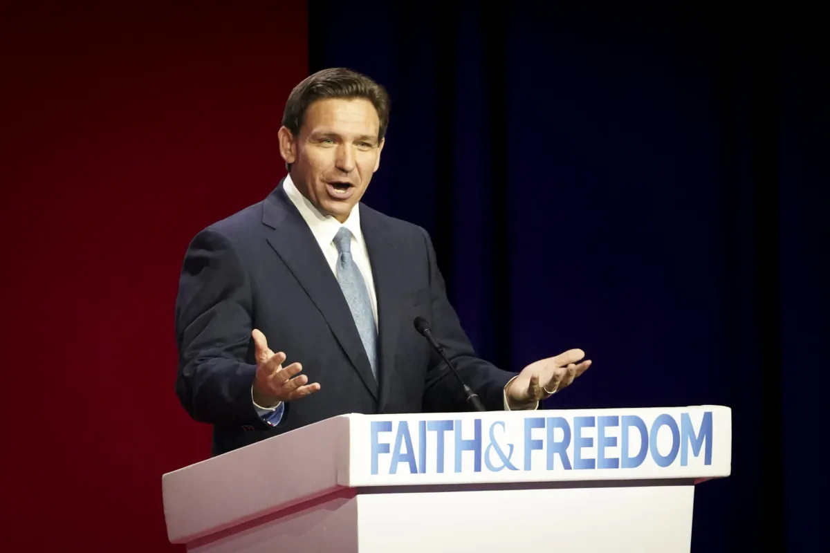 Republican presidential candidate and Gov. Ron DeSantis (R-Fla.) speaks at the Faith and Freedom Road to Majority conference at Hilton in Washington on June 23, 2023. (Madalina Vasiliu/The Epoch Times)