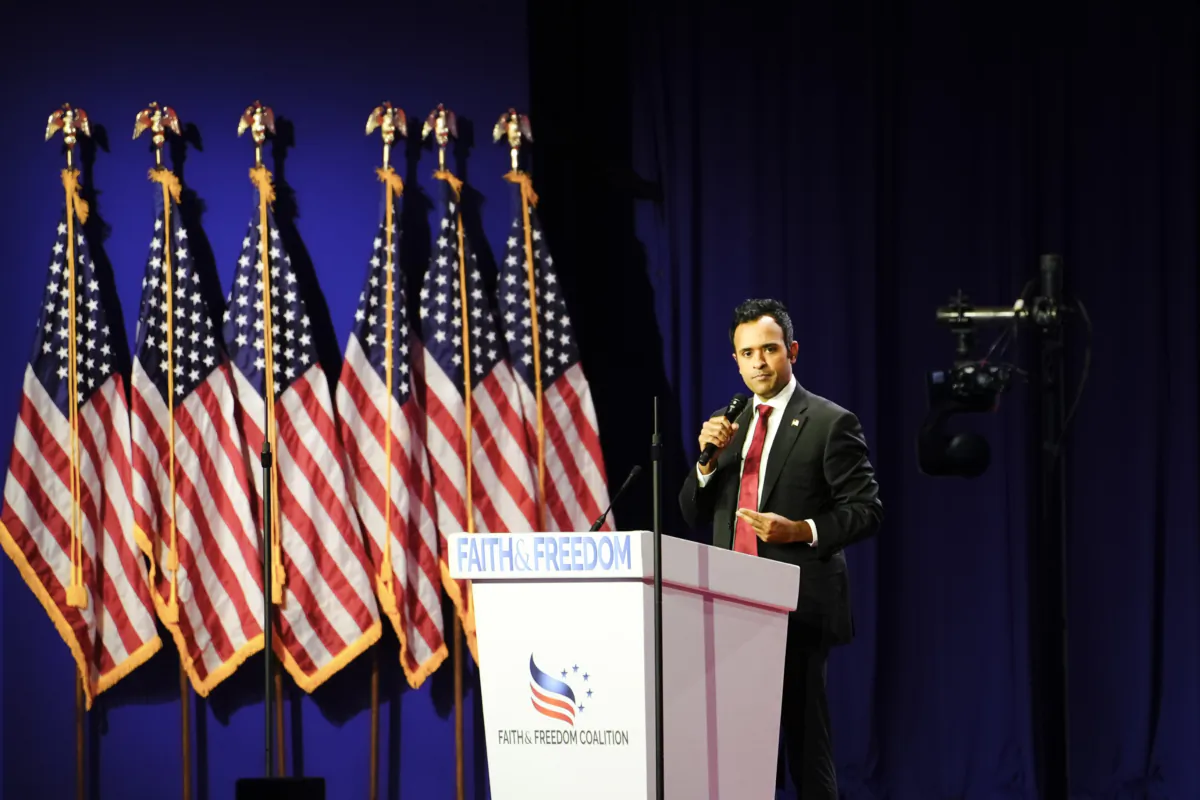 Republican presidential candidate Vivek Ramaswamy speaks during the Faith and Freedom Road to Majority conference in Washington on June 23, 2023. (Madalina Vasiliu/The Epoch Times)
