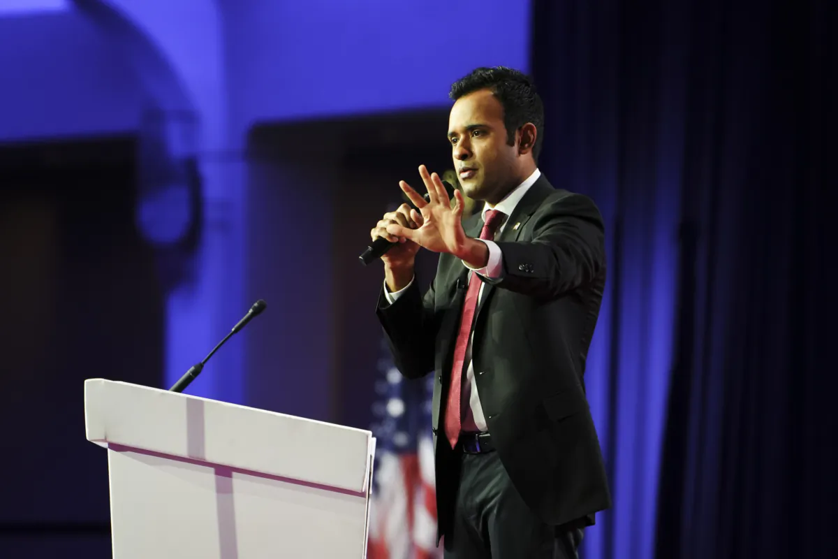 Republican presidential candidate Vivek Ramaswamy speaks during the Faith and Freedom Road to Majority conference in Washington on June 23, 2023. (Madalina Vasiliu/The Epoch Times)