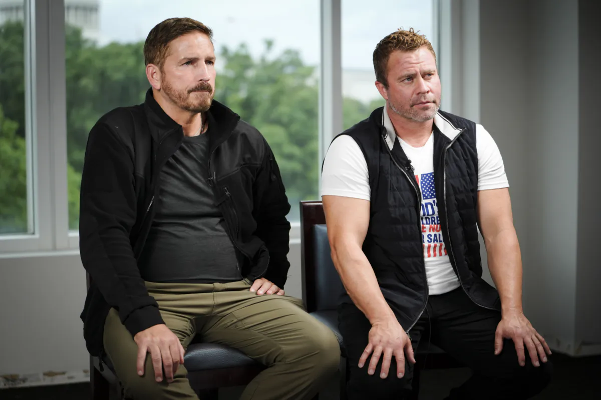 Jim Caviezel (L), actor in the new human trafficking action film "Sound of Freedom,” and Tim Ballard (R), a former Department of Homeland Security special agent and founder of Operation Underground Railroad, speak during an interview in Washington on June 21, 2023. (Madalina Vasiliu/The Epoch Times)