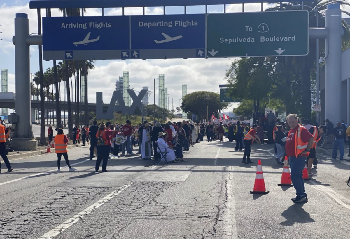 UNITE HERE Local 11 Rally supporting hospitality workers forces the closure of a major artery in and out of Los Angeles International Airport, in Los Angeles, Calif., on June 23, 2023. (Courtesy of the Los Angeles Police Department Twitter page).