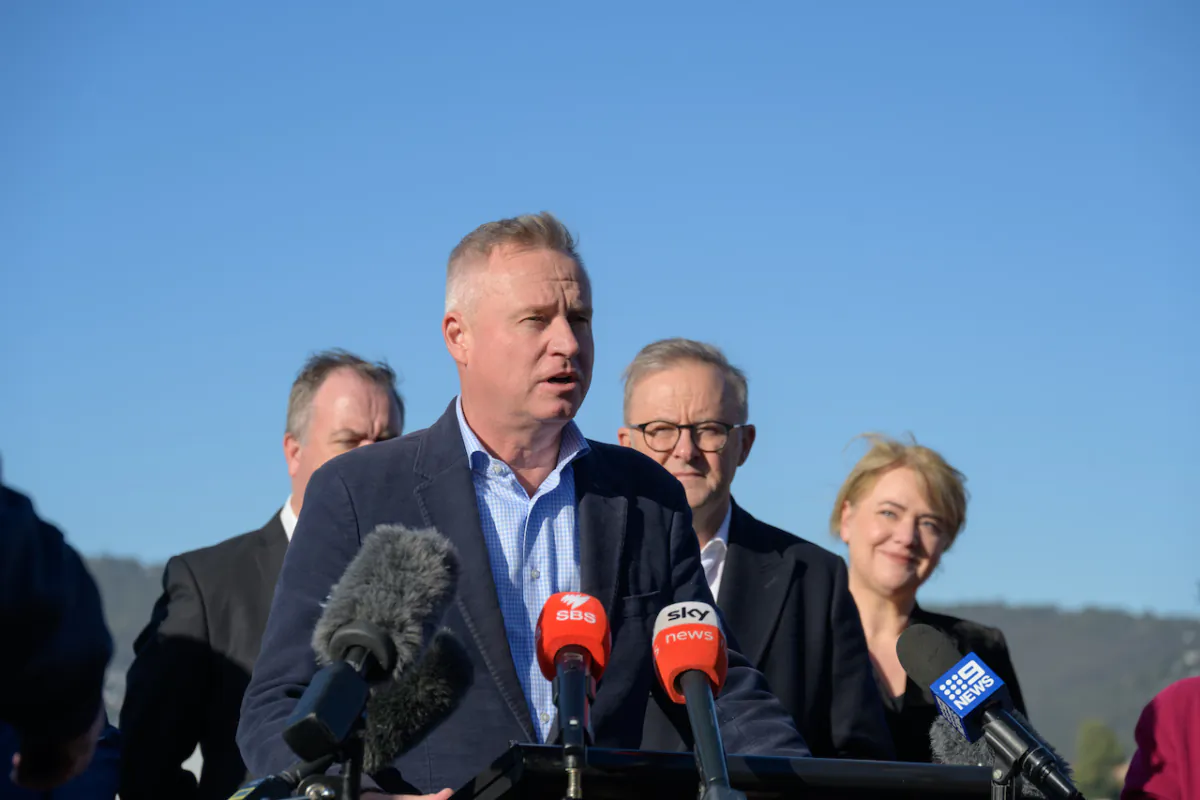 Premier of Tasmania, Jeremy Rockliff speaks during a press conference in Hobart, April 29, 2023. Tasmania looks set to have its own AFL team after Prime Minister Anthony Albanese pledged an additional $240 million to the state government to build a new waterfront stadium in Hobart. (AAP Image/Loic Le Guilly)