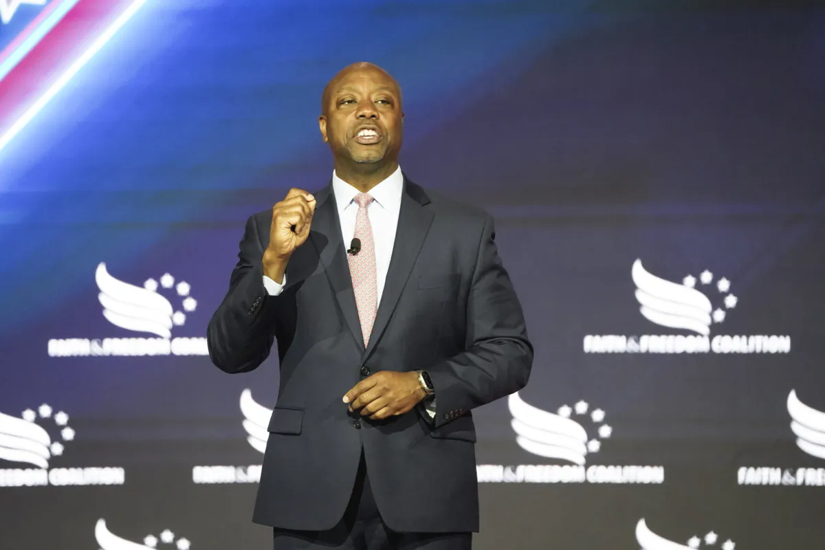 Republican presidential candidate Sen. Tim Scott (R-S.C.) speaks during the Faith and Freedom Road to Majority conference at the Hilton in Washington on June 23, 2023. (Madalina Vasiliu/The Epoch Times)