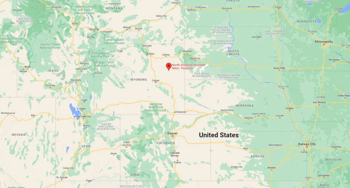 A map shows the location of North Antelope Rochelle Mine in Campbell County, Wyo., on June 24, 2023. (Google Maps)
