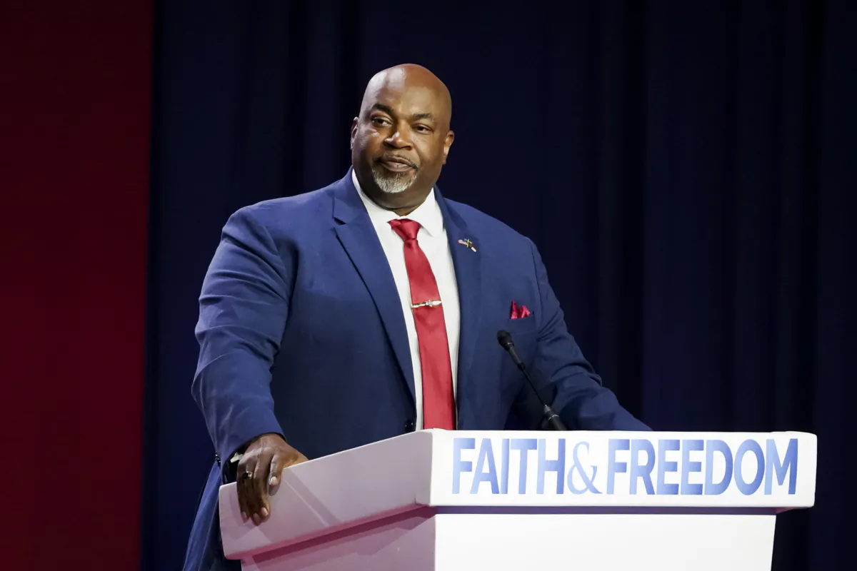 Lt. Gov. Mark Robinson (R-N.C.) speaks at Hilton in Washington on June 23, 2023. (Madalina Vasiliu/The Epoch Times)