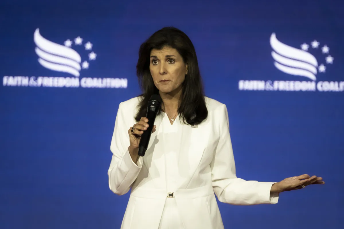 Republican presidential candidate and former South Carolina Gov. Nikki Haley speaks during the Faith and Freedom Road to Majority conference at Hilton in Washington on June 24, 2023. (Madalina Vasiliu/The Epoch Times)