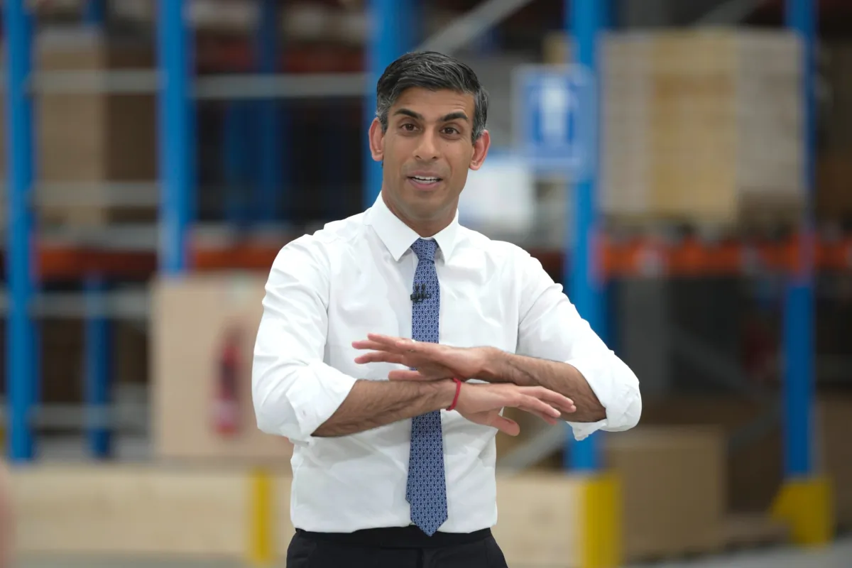 Prime Minister Rishi Sunak speaks during a PM Connect event at the IKEA distribution centre in Dartford, Kent, England, on June 22, 2023. (Kin Cheung - WPA Pool/Getty Images)