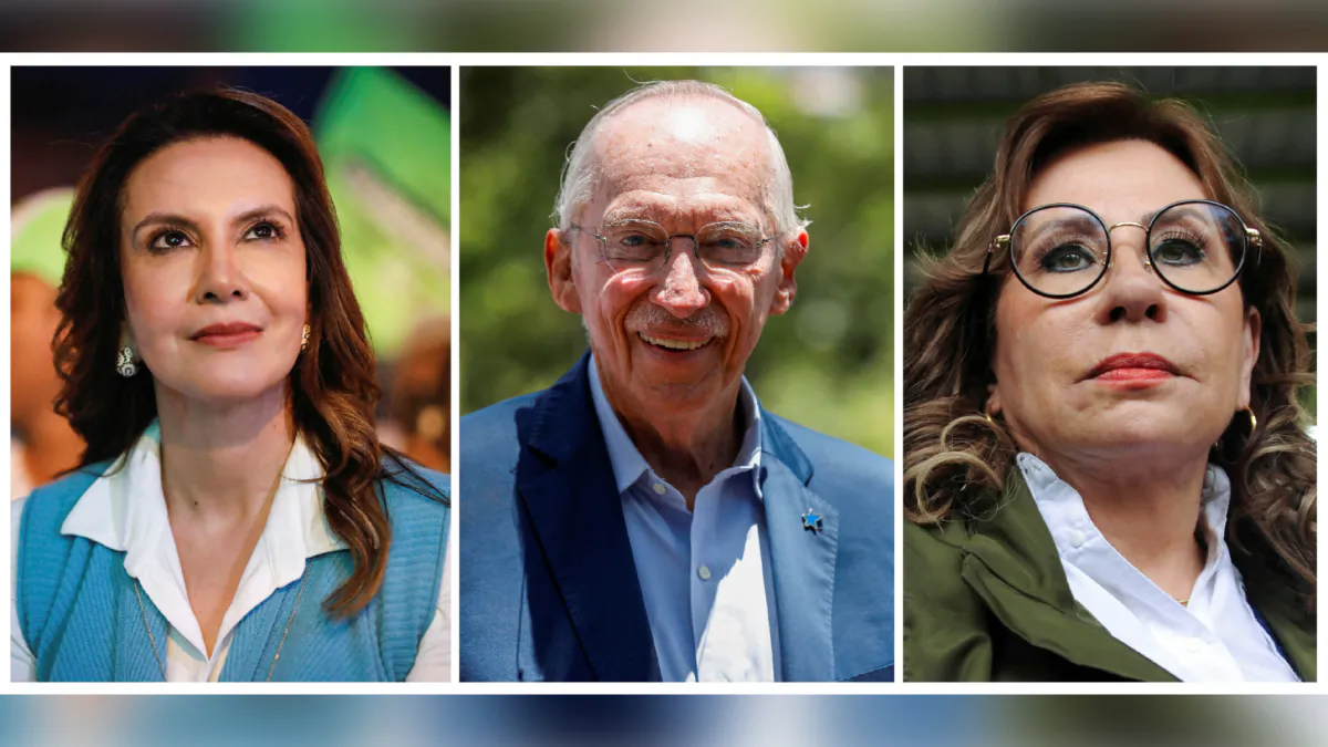 (Left) Guatemalan presidential candidates Zury Rios of the coalition of Valor and Unionista political parties, in Guatemala City, Guatemala, on April 16, 2023. (Center) Edmond Mulet of the CABAL party in San Juan Sacatepequez, Guatemala, on June 18, 2023. (Right) Sandra Torres of the National Unity of Hope (UNE) party in Guatemala City, Guatemala, on May 27, 2023. (Luis Echeverria/Cristina Chiquin/Reuters)