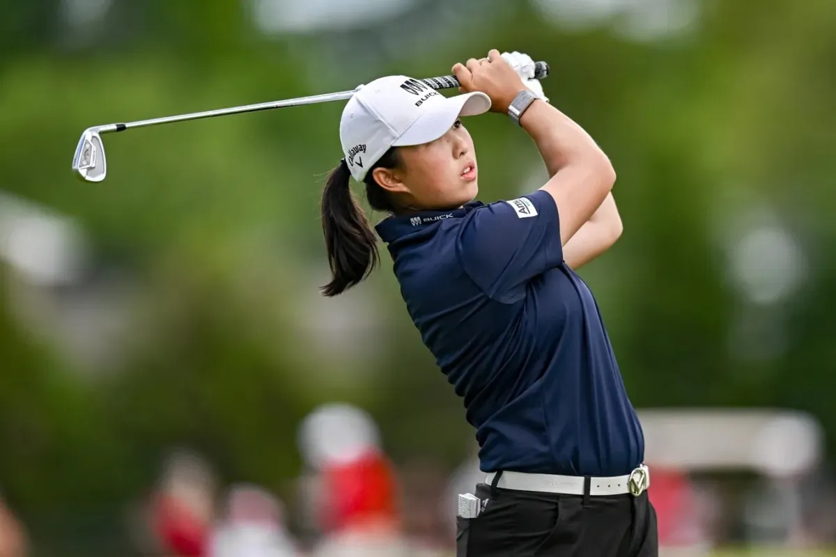 Ruoning Yin tees off on the 4th hole during the final round of the KPMG Women's PGA Championship golf tournament in Springfield, N. J., on June 22, 2023. (John Jones/USA TODAY Sports via Field Level Media)