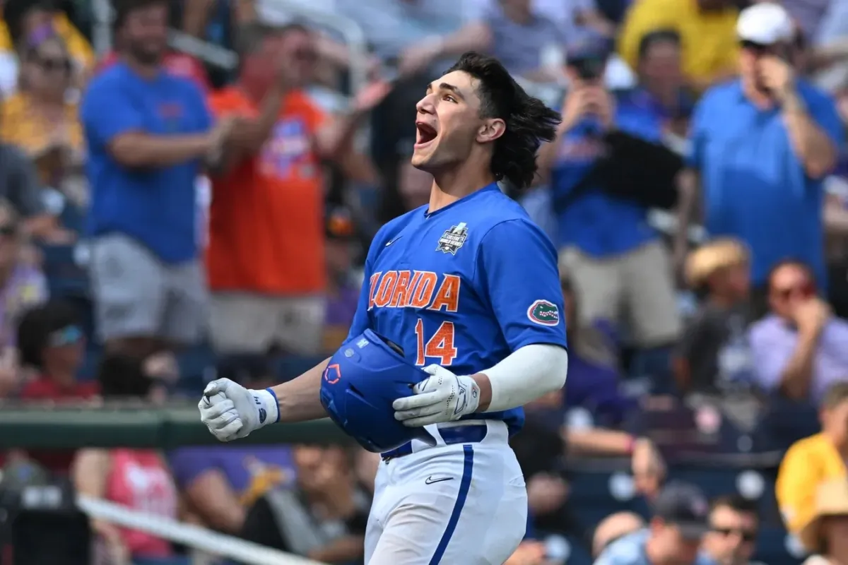Florida Gators first baseman Jac Caglianone (14) celebrates hitting a home run against the LSU Tigers in the eighth inning at Charles Schwab Field Omaha, Neb., on June 25, 2023. (Steven Branscombe/USA TODAY Sports via Field Level Media)