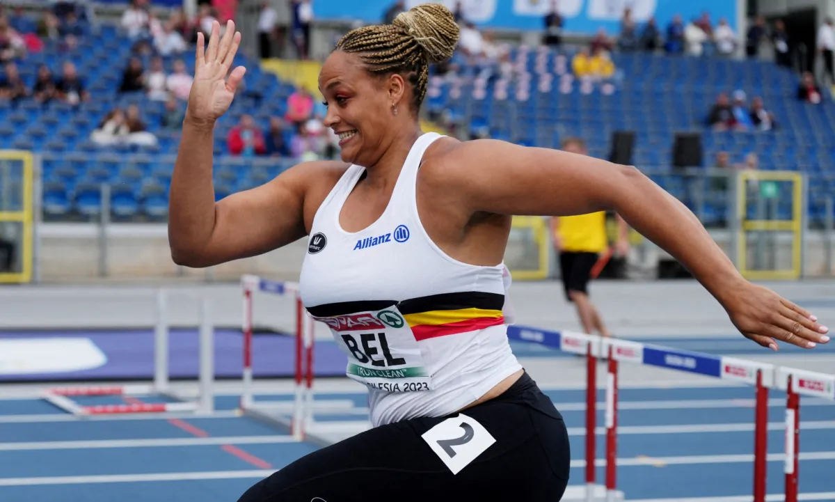 Belgium's Jolien Maliga Boumkwo in action during the Women's 100m Hurdles, Division 1 Heat B in Silesian Stadium, Chorzow, Poland, on June 24, 2023. (Aleksandra Szmigiel/Reuters)