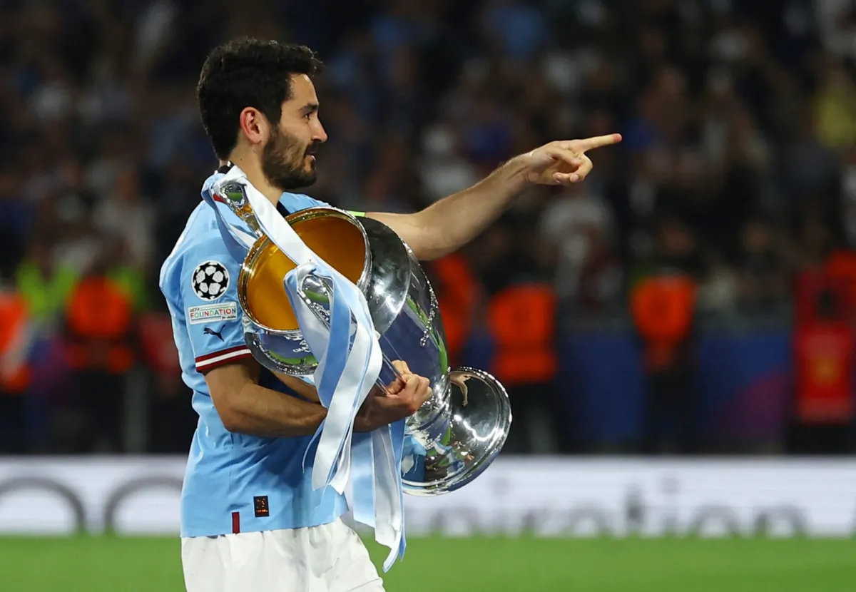 Manchester City's Ilkay Gundogan celebrates with the trophy after winning the Champions League during the match of Manchester City v Inter Milan, Champions League Final in Ataturk Olympic Stadium, Istanbul on June 11, 2023. (Molly Darlington/Reuters)