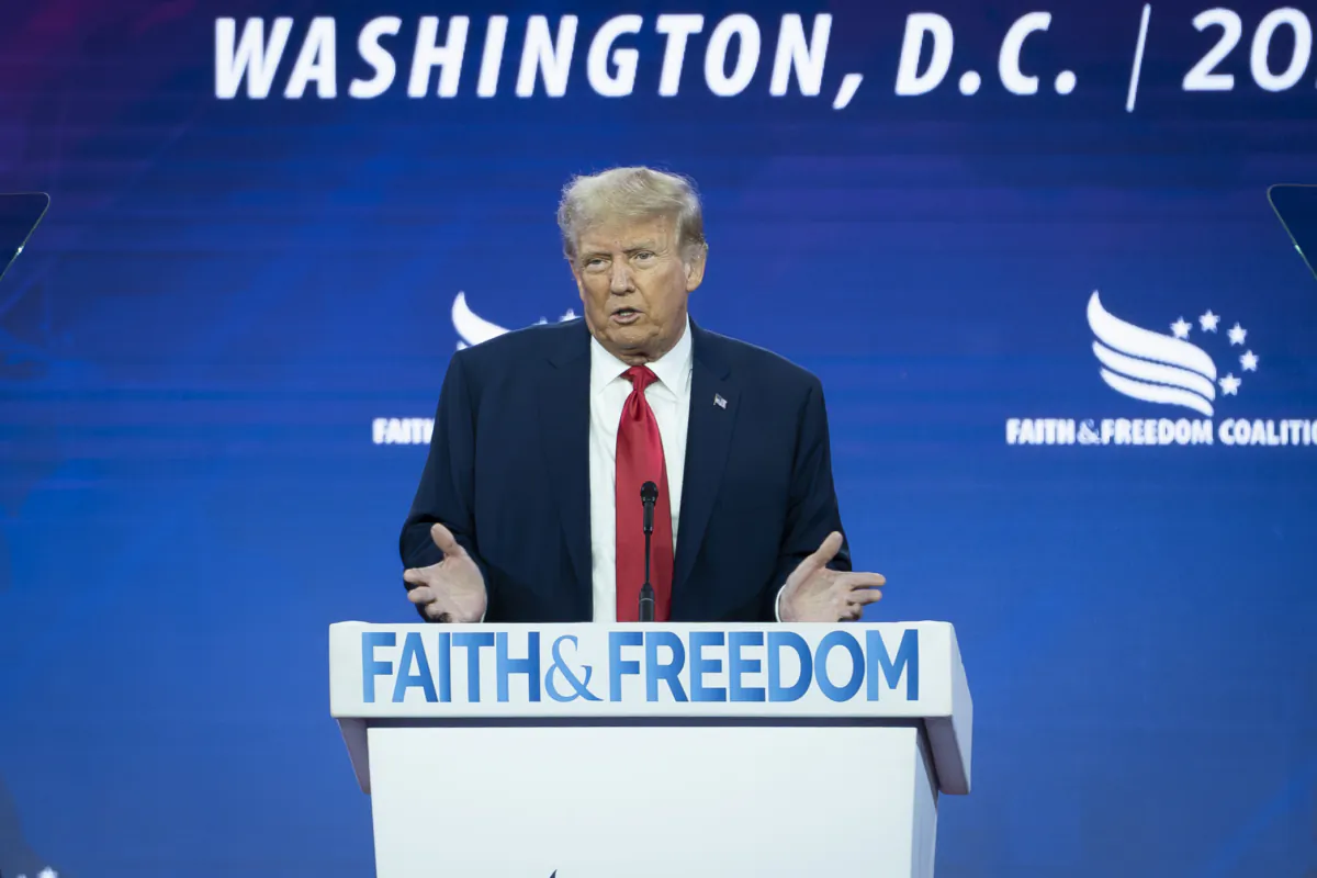 Former President Donald J. Trump speaks during the Faith and Freedom Road to Majority conference at Hilton in Washington on June 24, 2023. (Madalina Vasiliu/The Epoch Times)