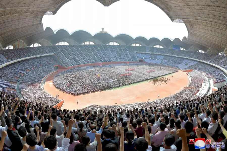 North Korean state-run media released a photo of a rally held in Pyongyang to mark the 73rd anniversary of the Korean War's start, on June 25, 2023. The Epoch Times couldn't verify whether the photo was doctored. (KCNA screenshot via The Epoch Times)