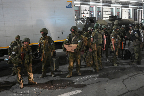 Fighters of Wagner private mercenary group pull out of the headquarters of the Southern Military District to return to base, in the city of Rostov-on-Don, Russia, on June 24, 2023. (REUTERS/Stringer/File Photo)