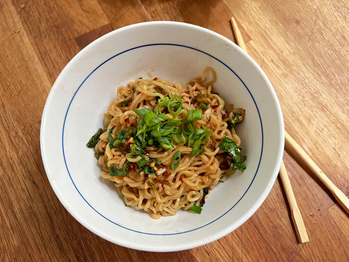 Spicy 10-minute chili noodles are built around a bowl of cooked ramen. (Gretchen McKay/Pittsburgh Post-Gazette/TNS)