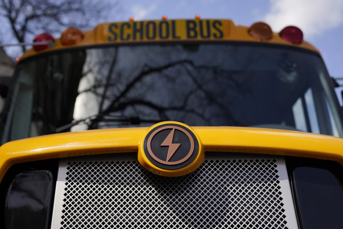 A Lion electric school bus on display in Austin, Texas, on Feb. 22, 2023. (Eric Gay/AP Photo)
