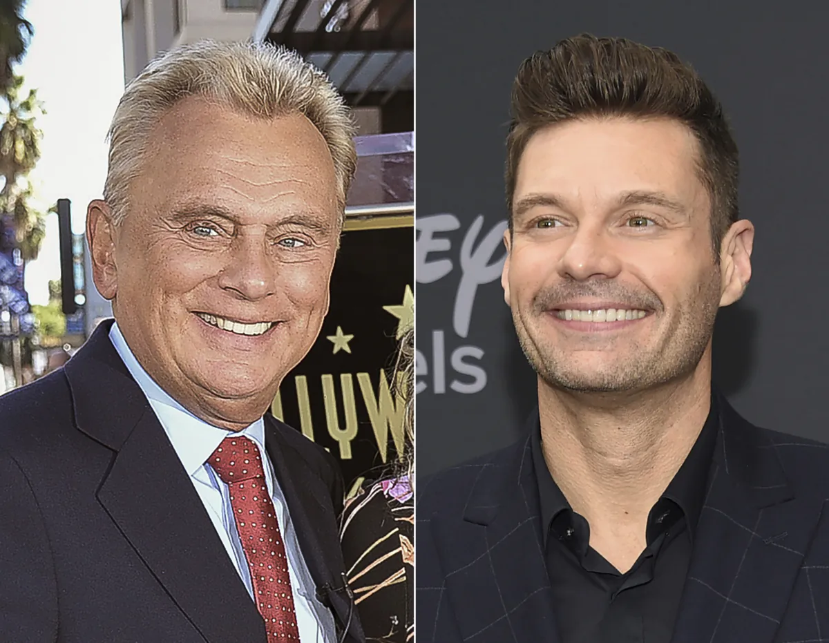 (Left) Pat Sajak attends a ceremony honoring Harry Friedman with a star on the Hollywood Walk of Fame in Los Angeles on Nov. 1, 2019. (Right) Ryan Seacrest attends the Walt Disney Television 2019 upfront in New York on May 14, 2019. (AP Photo)