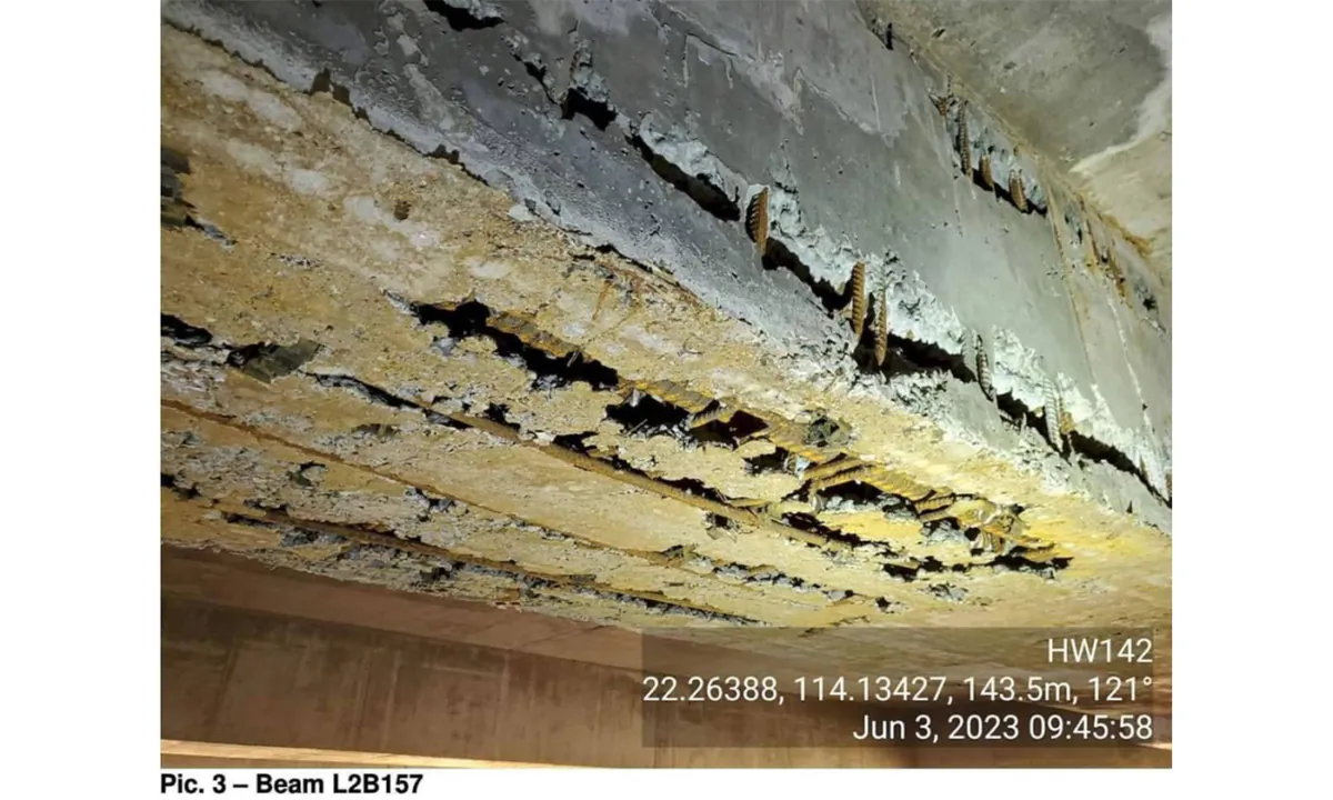 In addition to the main columns, similar conditions are observed in the beams, with one image showing a suspected hollow space. (Courtesy of Jason Poon Chuk-Hung)