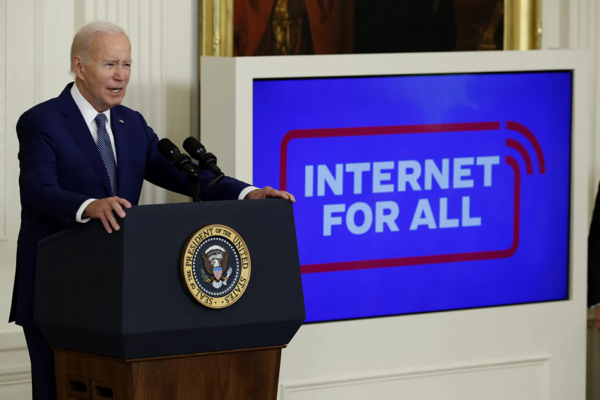 U.S. President Joe Biden speaks as he announces a $42 billion investment in high-speed internet infrastructure during an event in the East Room of the White House in Washington on June 26, 2023. (Chip Somodevilla/Getty Images)