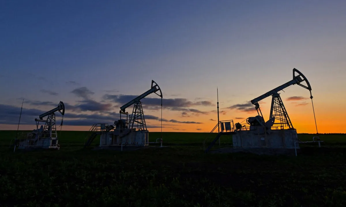 Oil pump jacks outside Almetyevsk in the Republic of Tatarstan, Russia, on June 4, 2023. (Alexander Manzyuk/Reuters)
