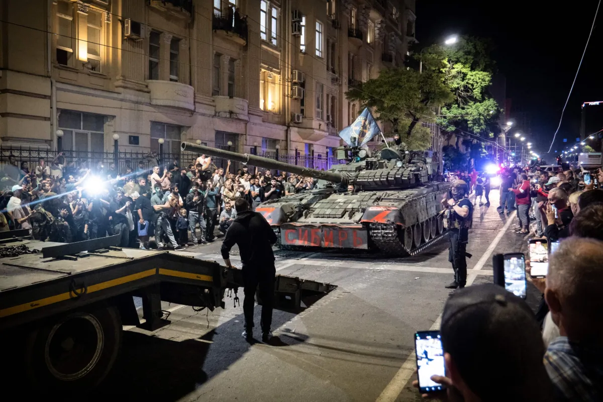 Members of Wagner group prepare to pull out from the headquarters of the Southern Military District to return to their base in Rostov-on-Don, Russia, on June 24, 2023. (Roman Romokhov/AFP via Getty Images)