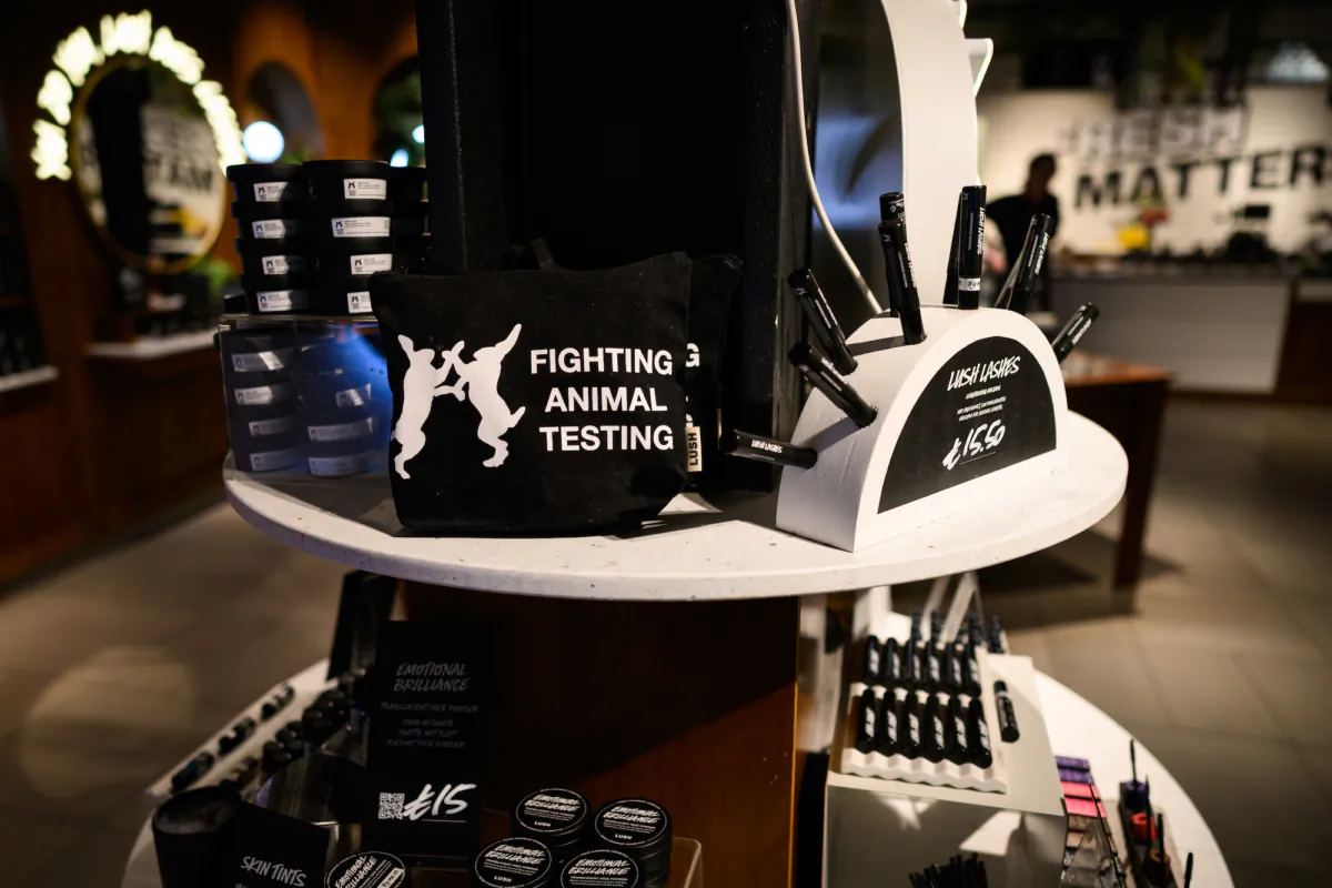 Merchandise with the branding "Fighting Animal Testing" is seen in the Lush cosmetic company's flagship Oxford Street store in London on May 18, 2023. (Leon Neal/Getty Images)