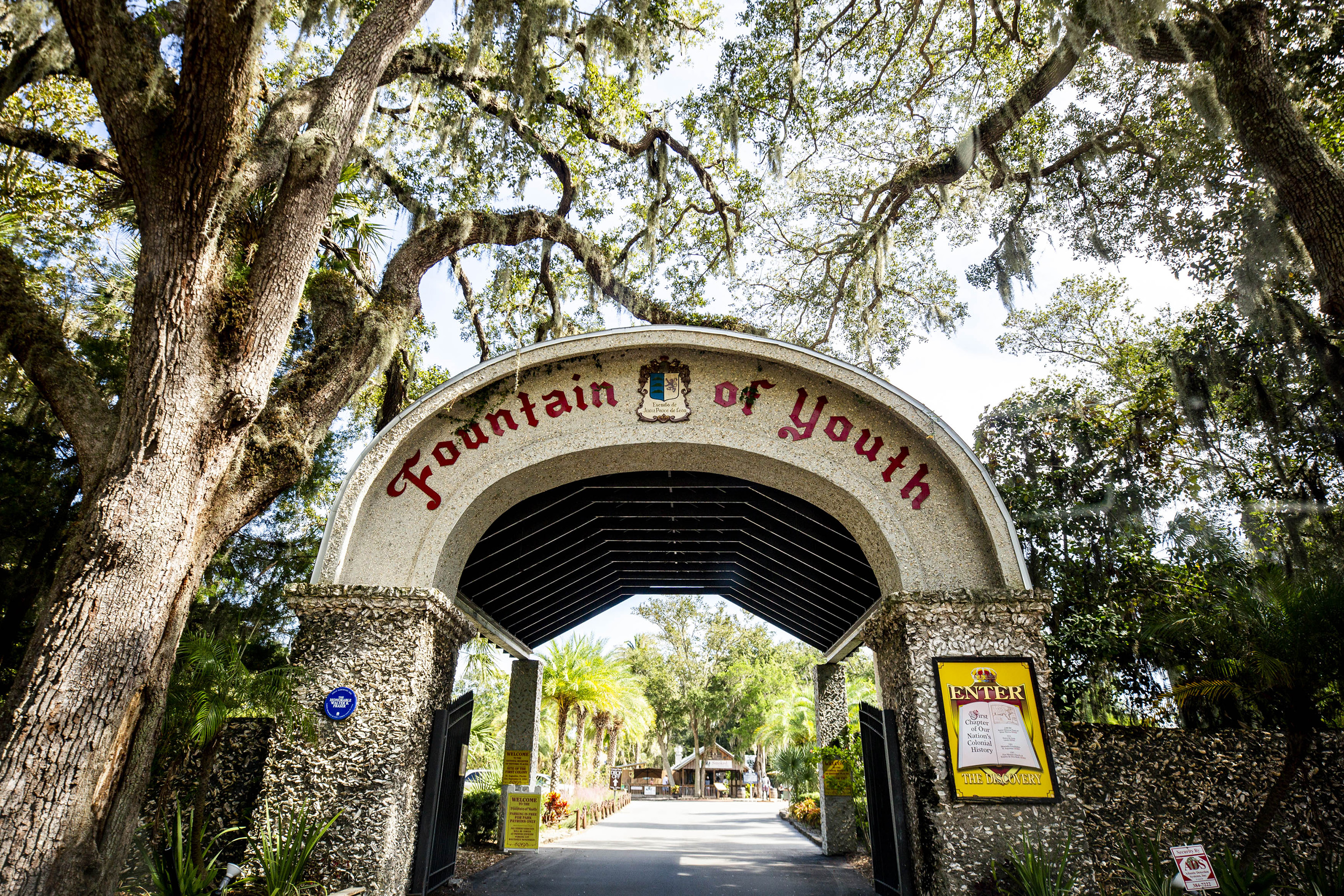 An archway greets visitors to the Fountain of Youth Archaeological Park in St. Augustine, Florida on Monday, Oct. 26, 2020.